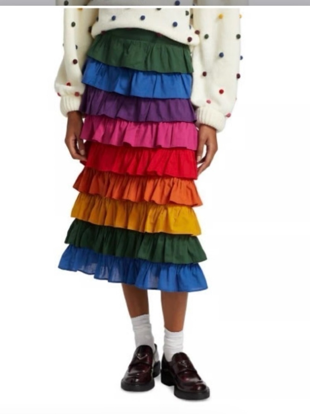 Farm Rio Rainbow Tiered Ruffle Midi Skirt - Multicolor NWOT